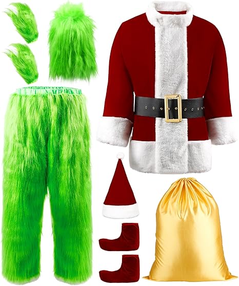 Halloween Green Hairy Monster Christmas suit] Halloween Costumes Adult Cosplay GreNo.126,New Street, Gufo Township, Renshou County, Sichuanen Santa Costume with Mask Funny Santa Claus Costume for Men Santa Suit