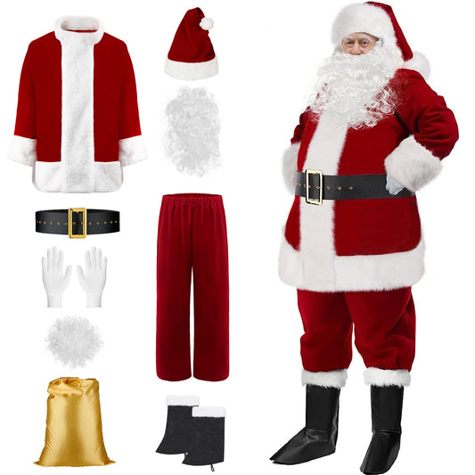 SOMOYA Christmas Santa Claus Costume with Beards Santa Suit Adult Men,Deluxe Santa Outfit Set Professional Santa Costumes, Santa Suits 9 Pcs(XX-Large, Burgundy)