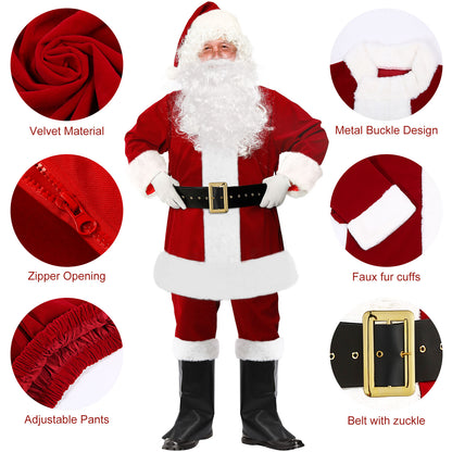 SOMOYA Christmas Santa Claus Costume with Beards Santa Suit Adult Men,Deluxe Santa Outfit Set Professional Santa Costumes, Santa Suits 9 Pcs(XX-Large, Burgundy)