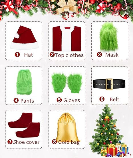 Halloween Green Hairy Monster Christmas suit] Halloween Costumes Adult Cosplay Green Santa Costume with Mask Funny Santa Claus Costume for Men Santa Suit