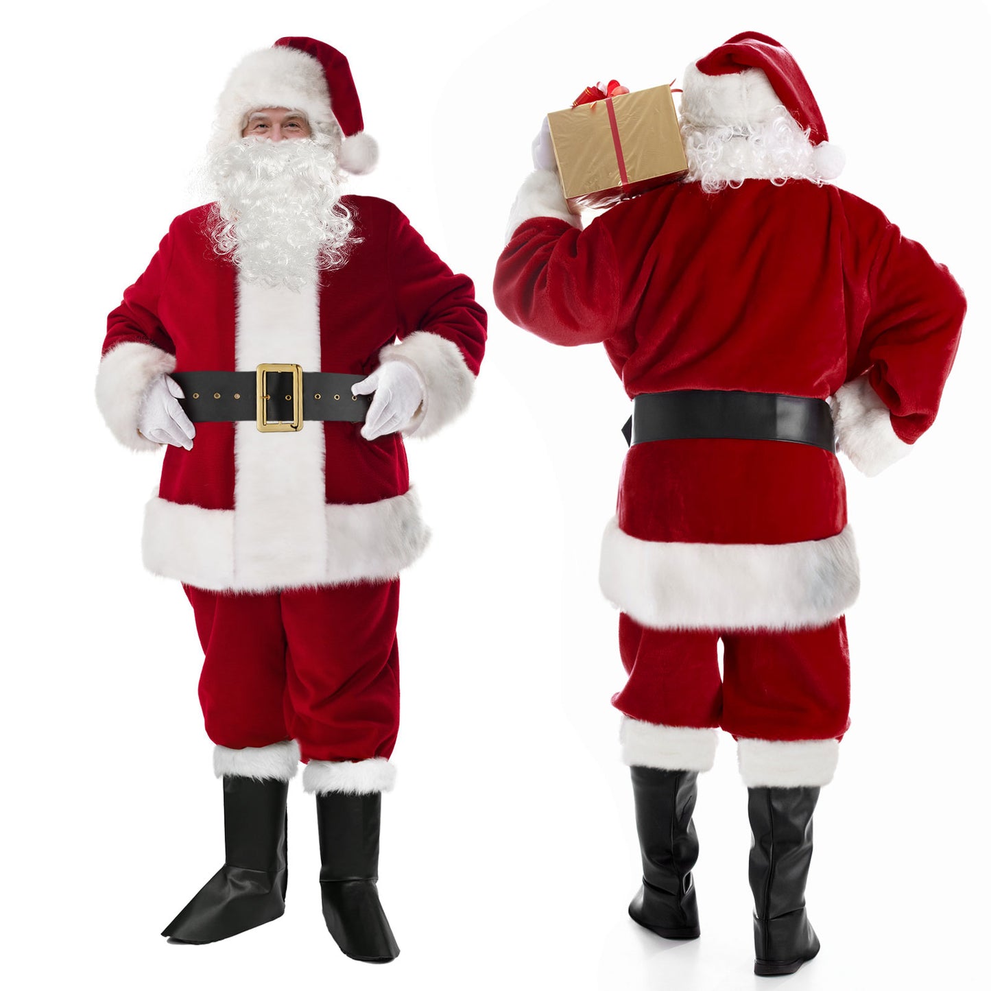 SOMOYA Christmas Santa Claus Costume with Beards Santa Suit Adult Men,Deluxe Santa Outfit Set Professional Santa Costumes, Santa Suits 9 Pcs(XX-Large, Burgundy)
