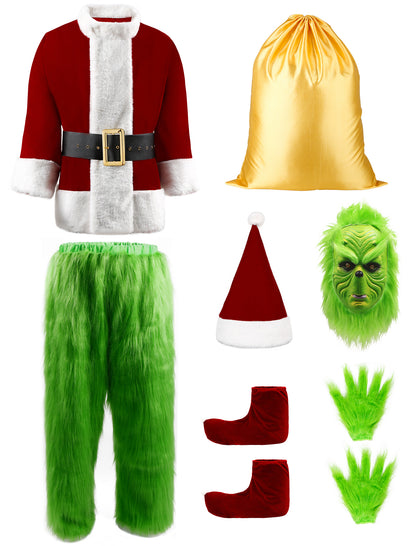 Green Christmas Costume for Men Halloween Costumes Adult Santa Costume with Mask 8PCS Deluxe Funny Cosplay Outfit