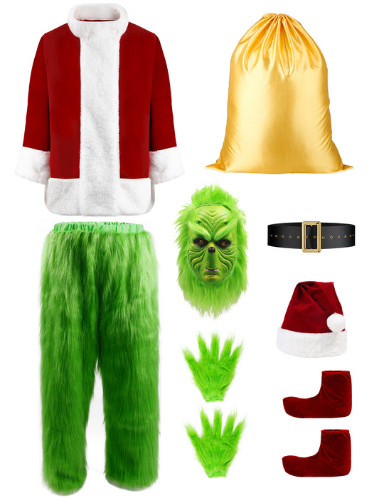 Green Christmas Costume for Men Halloween Costumes Adult Santa Costume with Mask 8PCS Deluxe Funny Cosplay