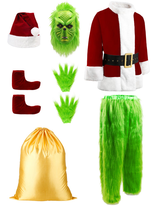 Green Christmas Costume for Men Halloween Costumes Adult Santa Costume with Mask 8PCS Deluxe Funny Cosplay Outfit