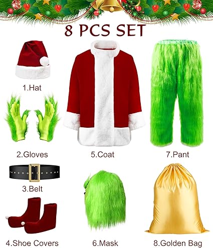 Halloween Green Hairy Monster Christmas suit] Halloween Costumes Adult Cosplay Green Santa Costume with Mask Funny Santa Claus Costume for Men Santa Suit