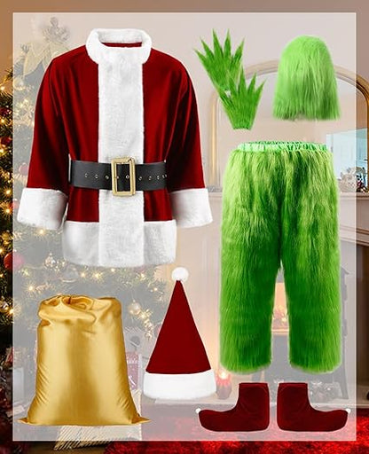 Halloween Green Hairy Monster Christmas suit] Halloween Costumes Adult Cosplay Green Santa Costume with Mask Funny Santa Claus Costume for Men Santa Suit